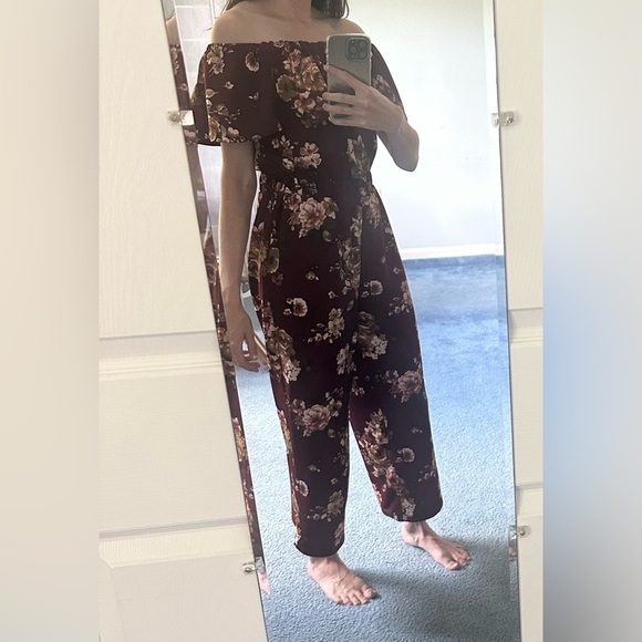 Altar’d State Burgundy/Maroon Floral Print On or Off the Shoulder Jumpsuit - Picture 13 of 15
